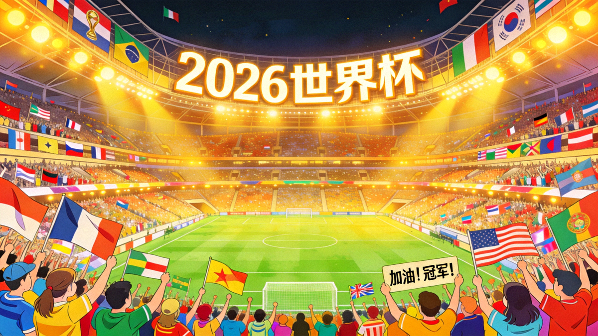 2026世界杯概念图 - 巨大的足球场灯光璀璨，看台上坐满挥舞旗帜的球迷，气氛热烈